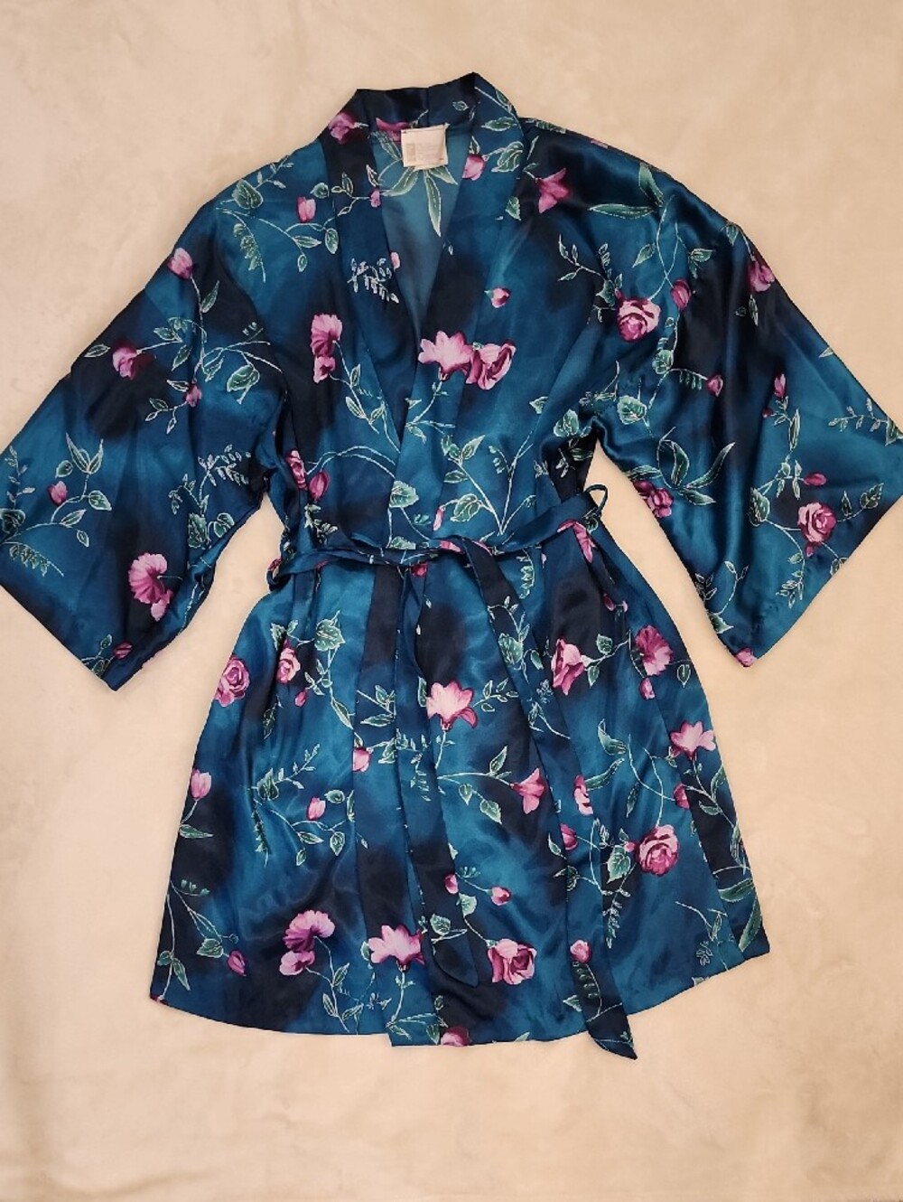 Vintage California Dynasty Satin Floral Robe in Teal and Pink Size Large